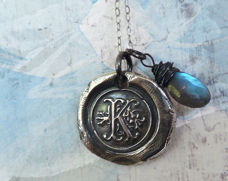 Monogram Initial Wax Seal Necklace with Blue Labradorite Rondelle Charm. Fine Silver Any Letter. Wax Seal Stamped Jewelry - RenataandJonathan
