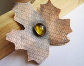 Textured Copper Leaf and Citrine Stone Pendant, Mesh Patterned Leaf, Fall Theme, Autumn Necklace, Oxidized Metals