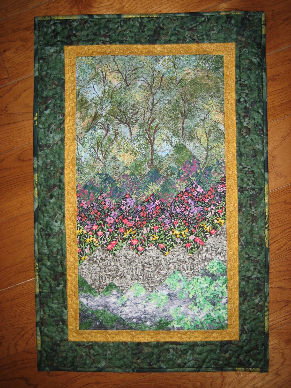 Art Quilt Summer Trees Along a Stone Path Fabric Wall Hanging