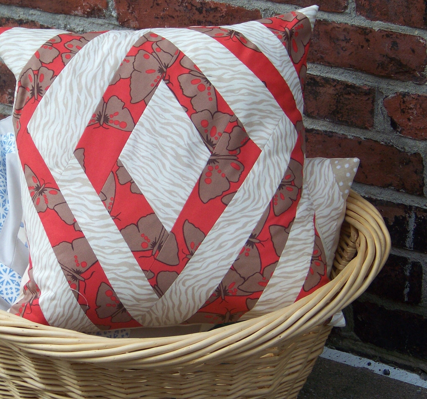 Improv Diamond Log Cabin Pillow Cover in Coral and Beige