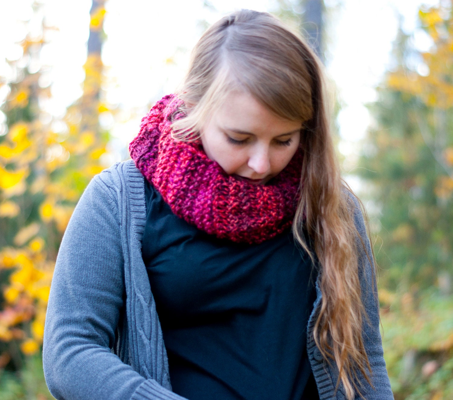 Hand knit infinity scarf, snood, cowl, in red.