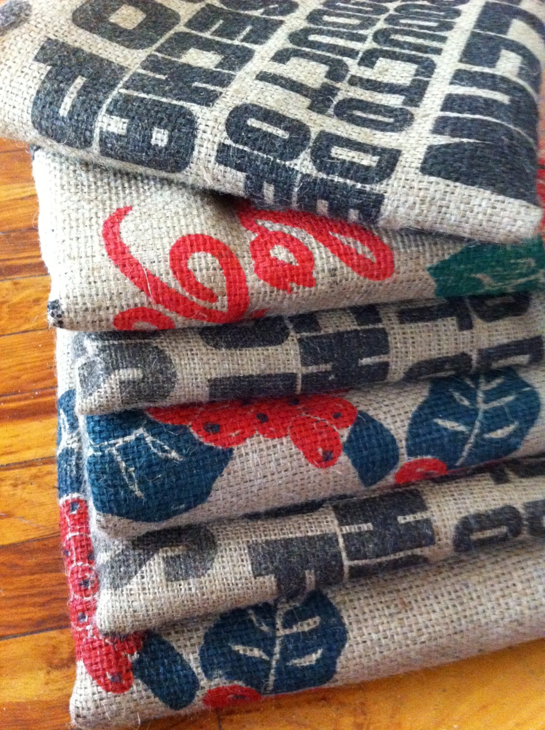 Lot of 6 Burlap Coffee Bean Sacks / Bags - For Crafting or Decorating - RED BLACK - Block Lettering - Central America GUATEMALA Costa Rica