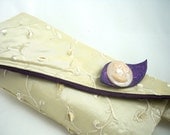 Pearl silk evening bag wristlet with plum and handmade brooch - HiGirls