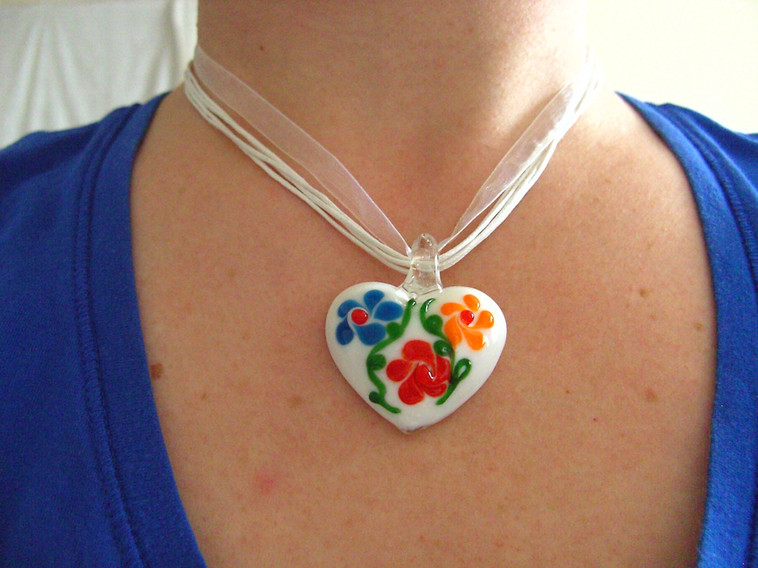 Folk, White, Glass, flowers, red blue orange green, love heart, pendant , necklace, by NewellsJewels on etsy