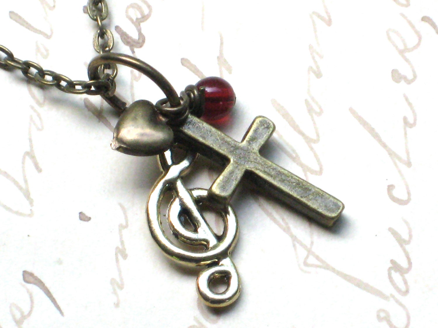 Music and Faith Necklace in Antique Bronze, Cross and Treble Clef Note Tiny Charms, Christian