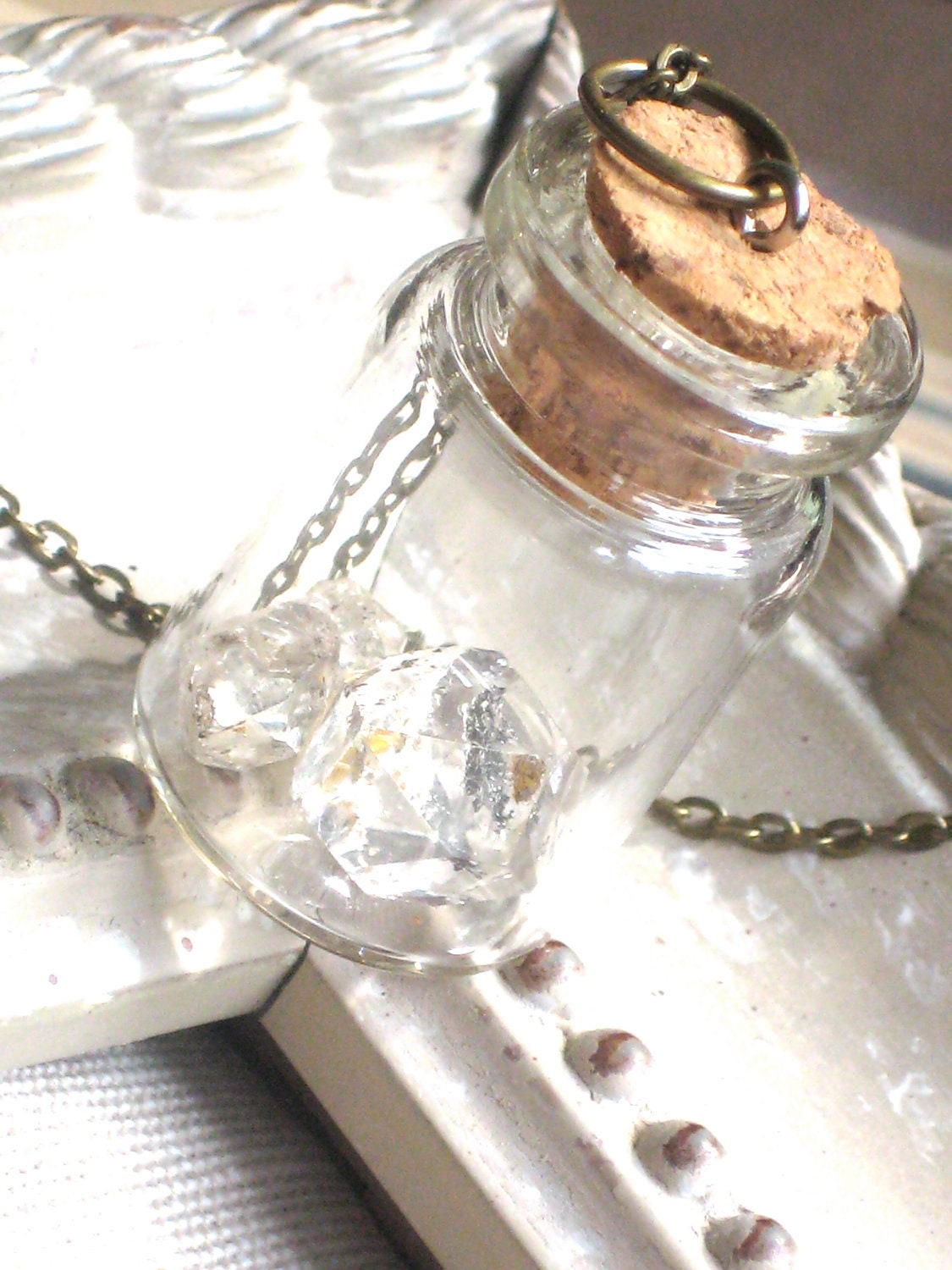 Herkimer Diamonds In a Glass Bottle Necklace, Crystal, Specimen, Curiosity Bottle, Long Chain, Antique Brass Gold, Natural