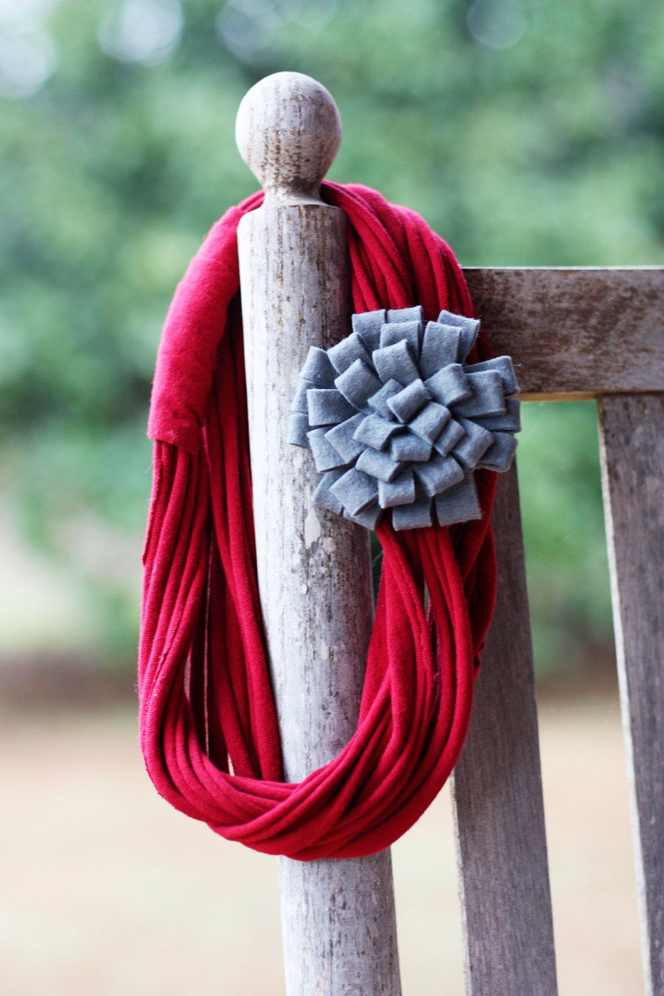 Infinity Scarf Necklace with Felt Rosette Brooch - Crimson and Gray Football Colors