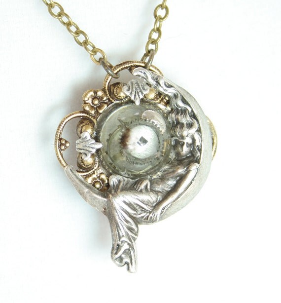 Steampunk Necklace Hidden Compartment Moon Goddess by
