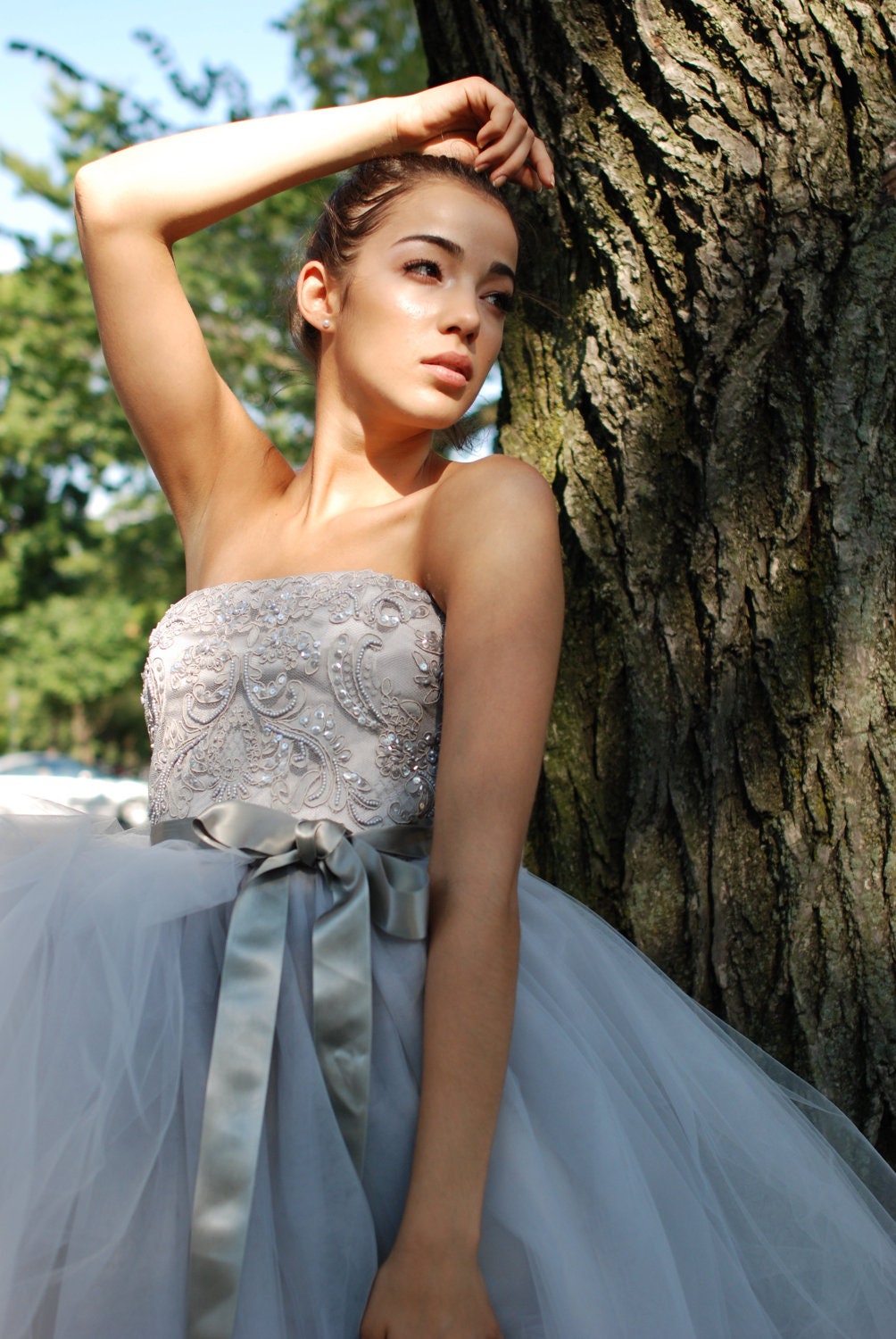Wedding Gown-- Grey  wedding dress - Zoe Beaded Lace Bodice tulle Wedding Gown --