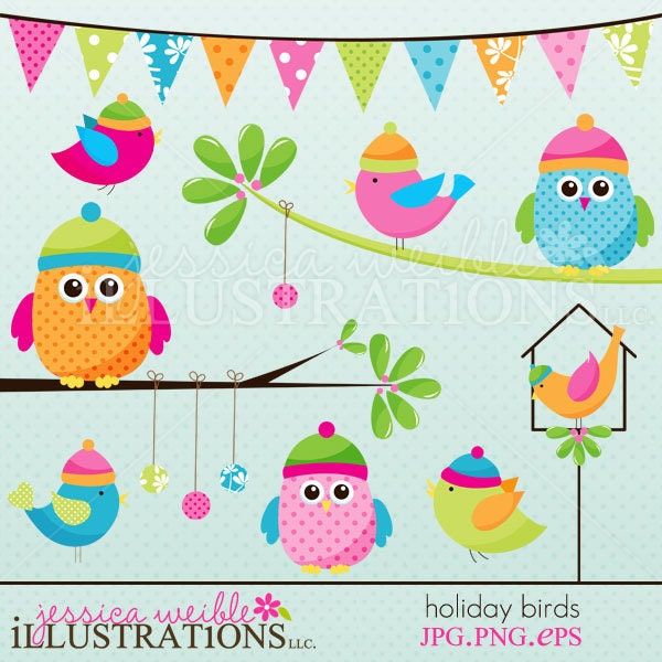 Holiday Birds Cute Christmas Digital Clipart for Invitations, Card Design, Scrapbooking, and Web Design Il_570xn