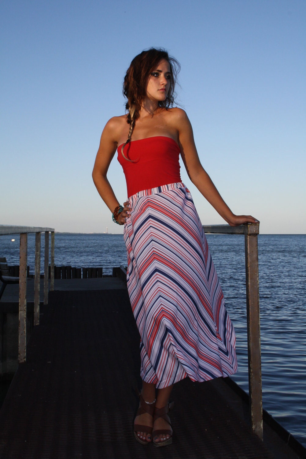 70 maxi skirt boho chevron long red white blue patriotic mod size large