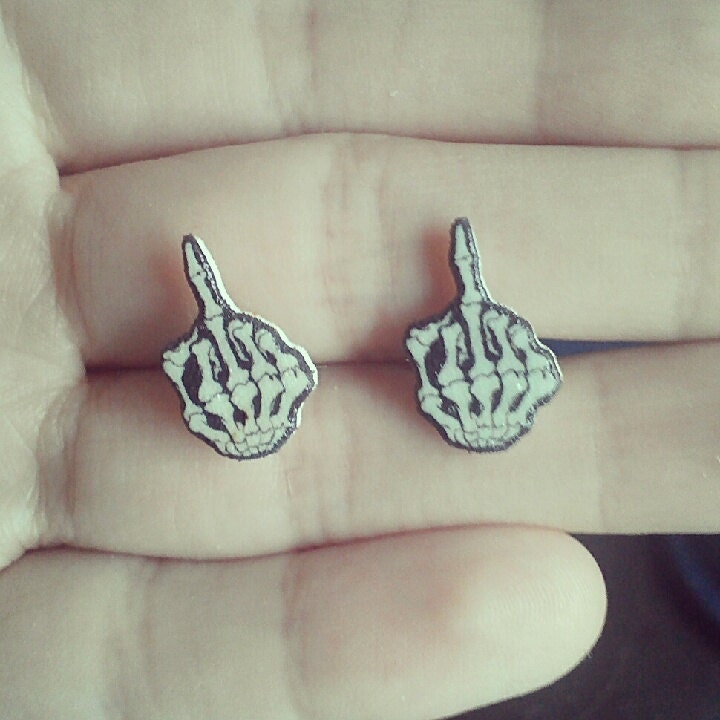 Skeleton Middle Finger Post Earrings or Cufflinks