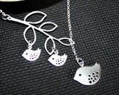 Birds Lariat Necklace, Grandmother, Mother Jewelry, Family Bird,  Branch Necklace, Sterling Silver chain available