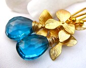 London Blue Topaz Earrings Gold Flower Drops Perfect Bridesmaid Earrings Olympian Blue Amy Fine Design