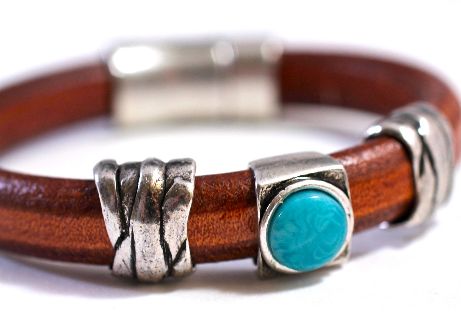 Turquoise Silver Leather Bracelet Leather Bangle Gift For Him Amy Fine Design