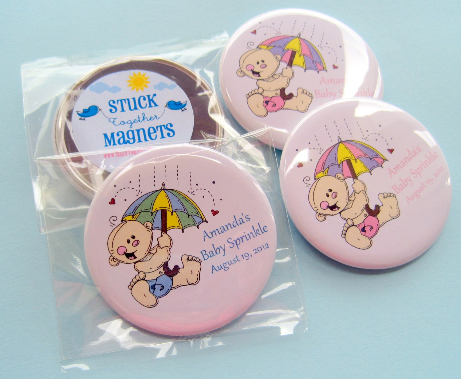 Baby Sprinkle Favors - Personalized 2.25 Inch Button Magnets - 20 Magnets
