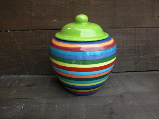 Extra Large Striped Ceramic Cookie Jar or Canister - Rainbow Stripes with Apple Green Lid