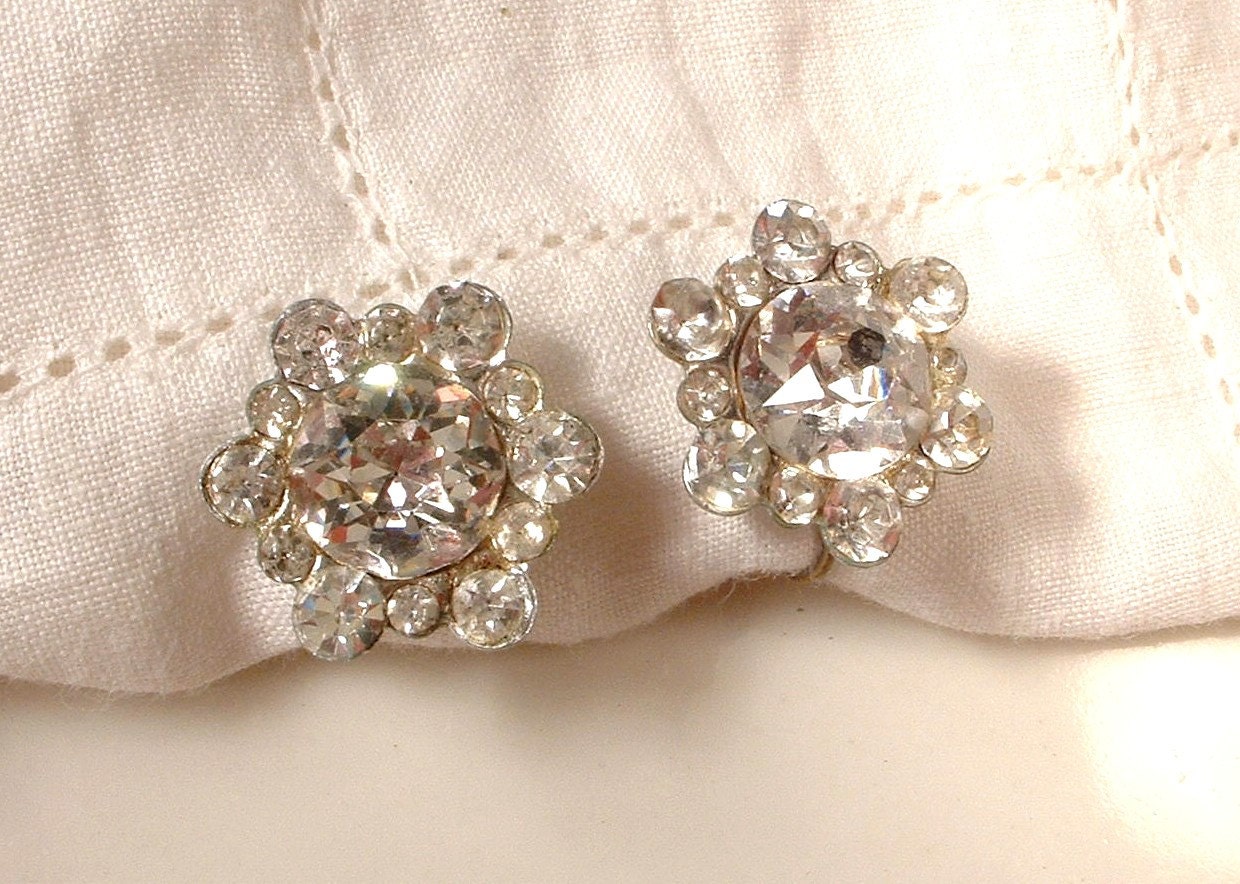 TRUE Vintage Art Deco Rhinestone Bridal Earrings Screwbacks Exquisite