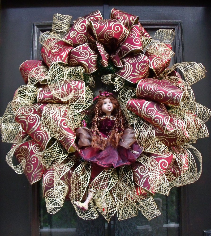 Christmas Wreath, Fairy Wreath, Christmas Door Wreaths, Burgundy and Gold Ribbon Wreath