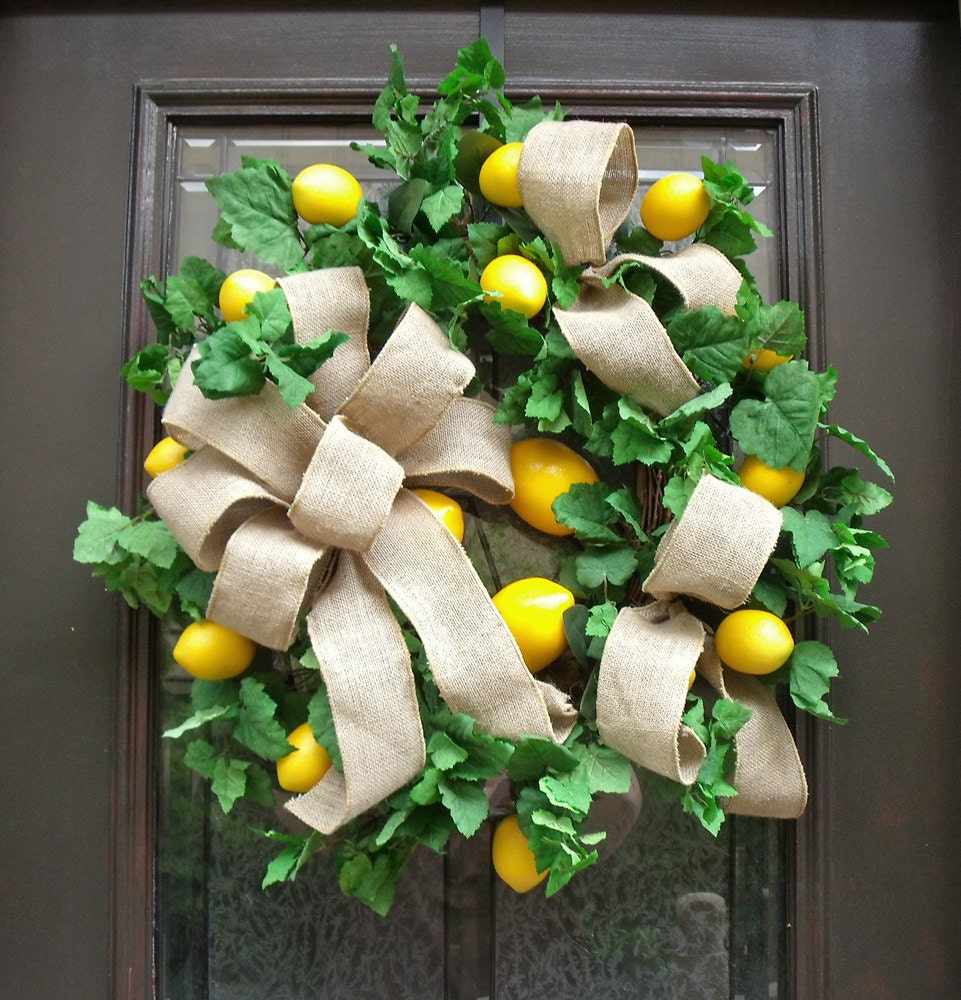 Summer Wreath, Lemon Wreath, Lemon and Burlap Door Wreaths, Kitchen Wreath, Burlap Wreath