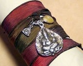Hand Dyed Silk Ribbon Wrap Bracelet Navajo Trail Silver Buddha Ganesh Pearl Yoga Jewelry Remover of Obstacles