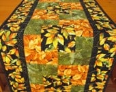 Table Runner, Handmade Quilted Leaves with Gold and Green