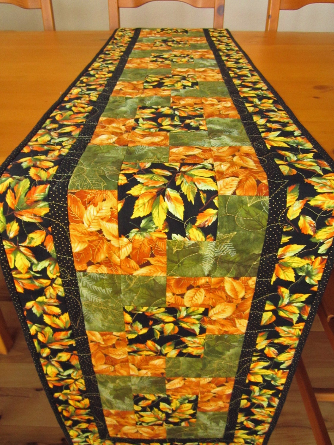 Table Runner, Handmade Quilted Leaves with Gold and Green