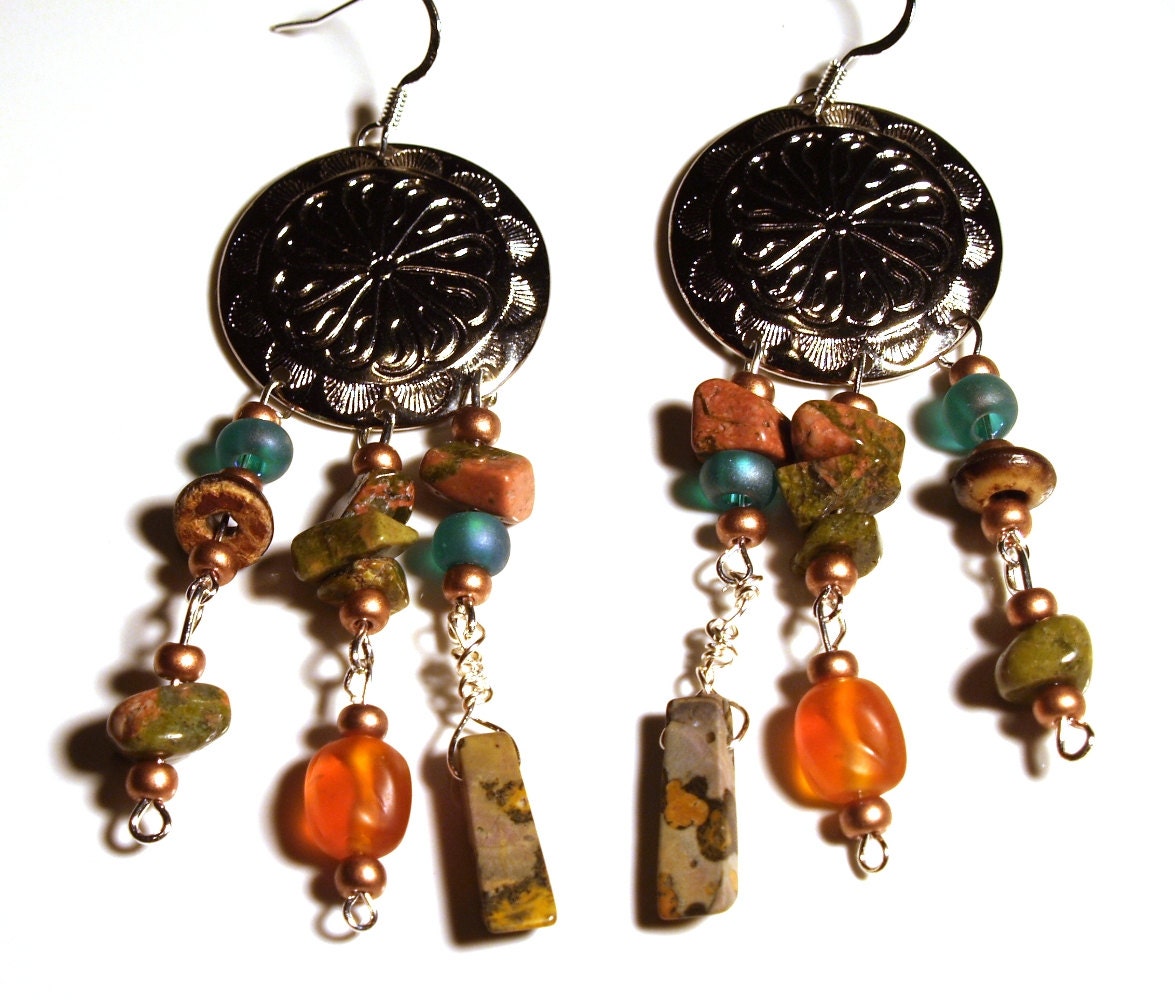 Summer Orange Earthtone Semiprecious Stones Silver Concho Artisan Earrings Handcrafted Artisan Jewelry