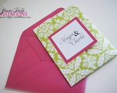 Morgan - Spring Green and PInk Damask Pocket Wedding Invitation Suite with Crystal Buckle
