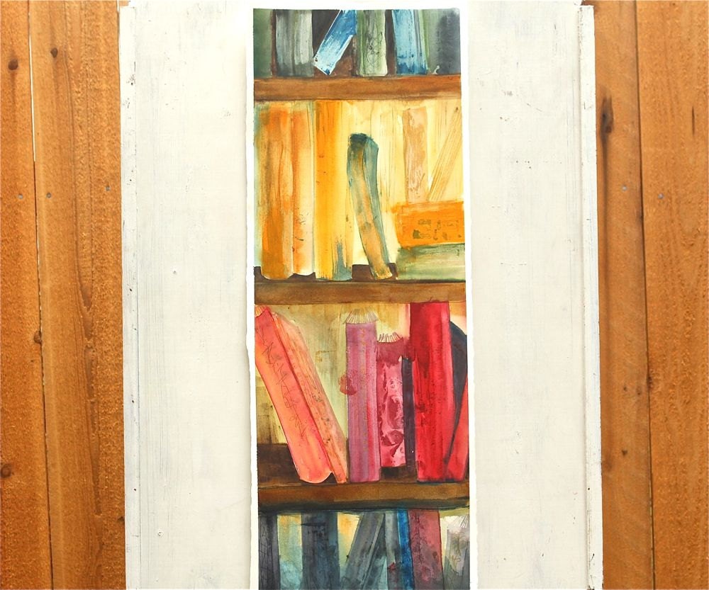 watercolor painting books, library, bookshelf, still life books, blue, yellow, red, green