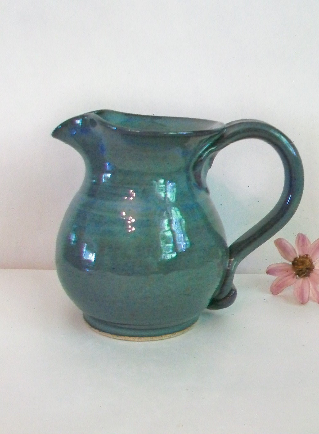 Stoneware Pitcher - Teal, Blue/green - Handmade on the Potters Wheel - SuzannesPotteryFarm