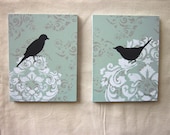 Damask Bird Painting, wall decor, French Country Cottage Chic, French Blue and grey, 11 x 14 inches, set of two