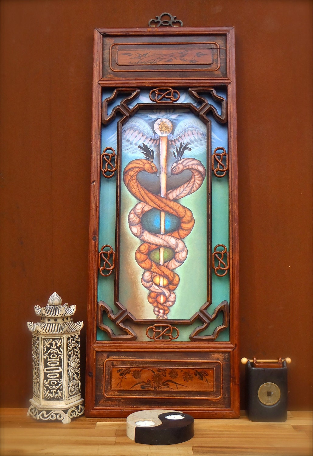 CADUCEUS painting Reiki ENERGY Yoga PAINTING Spiritual painting canvas print Framed picture Chakra painting Sun and Moon Antique Frame