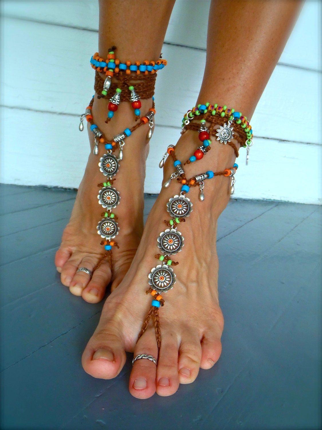 BAREFOOT BOHEMIAN WEDDING barefoot sandals Toe thongs Anklet crochet Sandals sole less shoes crochet Flower anklets bare feet Teardrop charm
