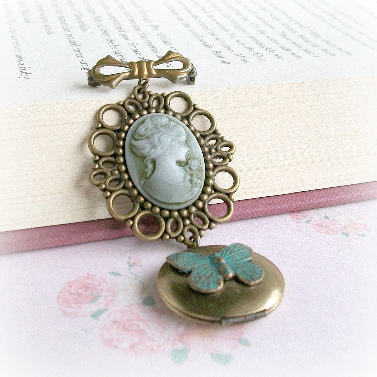 Locket Brooch Antique Style Cameo Brooch Vintage Inspired Jewelry Green Cameo Victorian Lady Verdigris Patina Butterfly Locket Gold Bow Pin