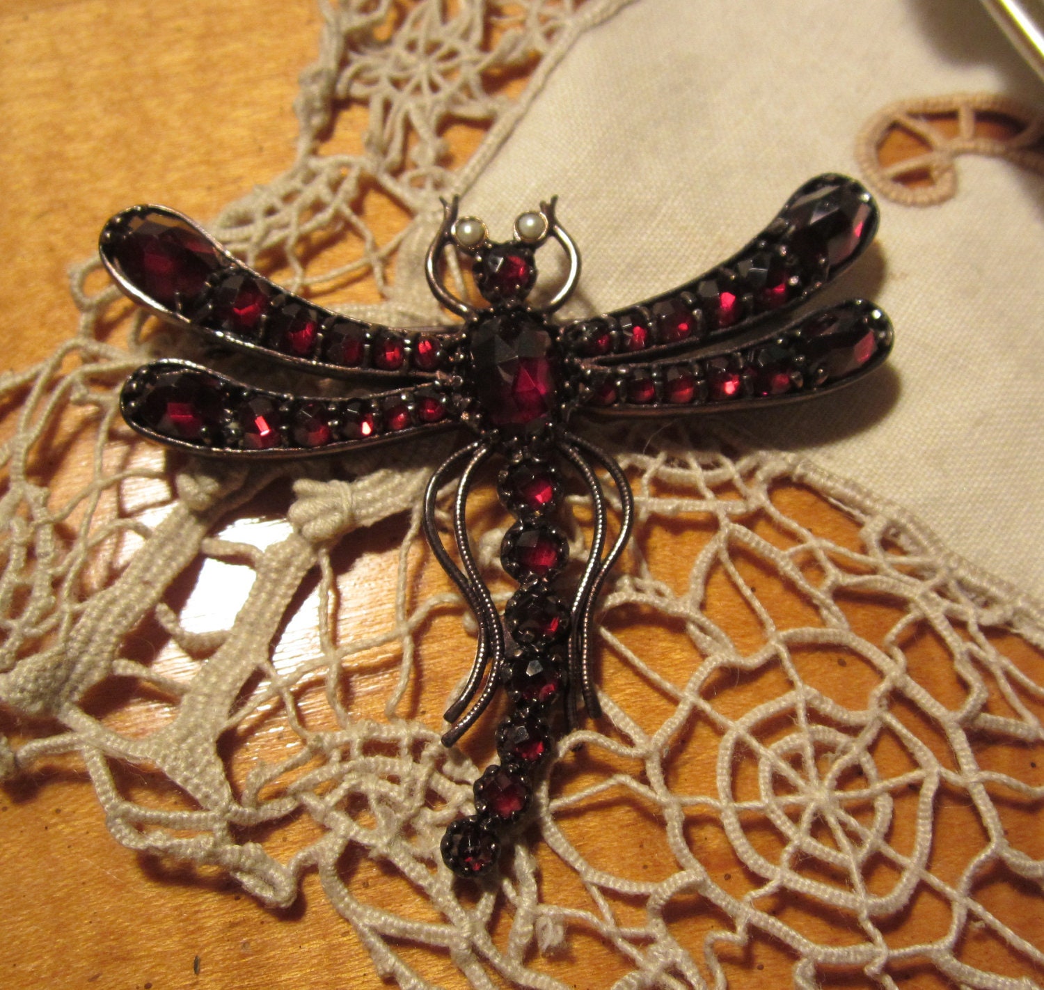 Edwardian Faceted Bohemian Garnet Dragonfly Pin, Rare find