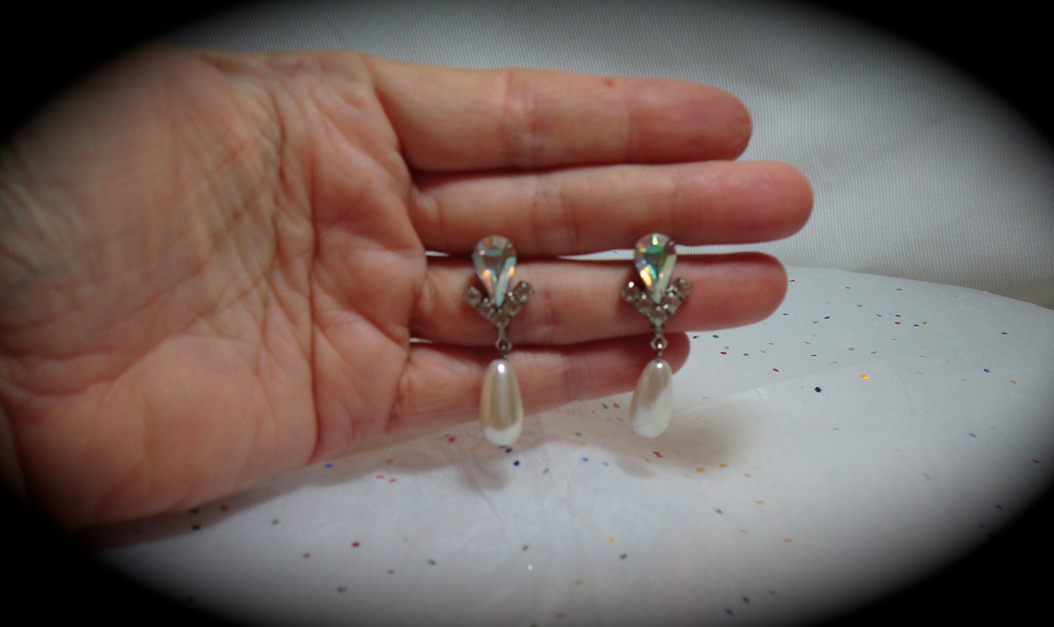1980s Tear Drop Faux Pearls with Rhinestones and Aurora Borealis Stones.