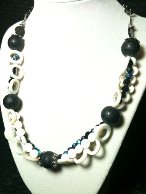 Black Spheres, White Shell Hollow Circles, and Black Czech Glass Woven Necklace by 2CarasCreations
