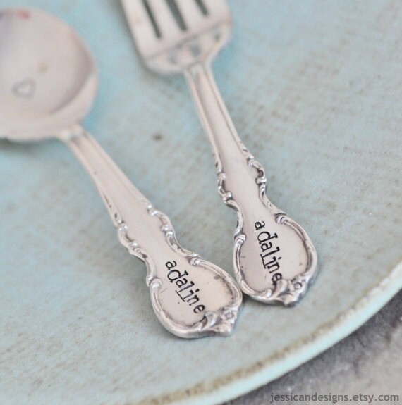 Personalized Vintage Baby Spoon & Fork Set by jessicaNdesigns