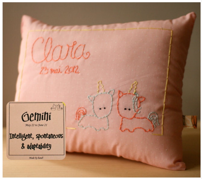 Personalized  Zodiac baby birth Pillow, Clara is a Gemini