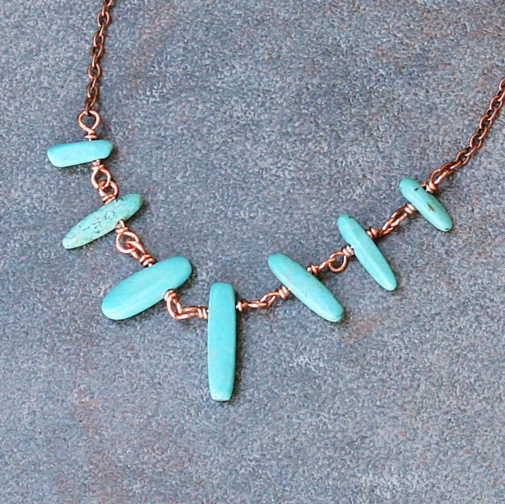 Turquoise Statement Necklace, Natural Stone, Howlite Stick Beads, Earthy Bohemian, Bib, Handmade Jewelry
