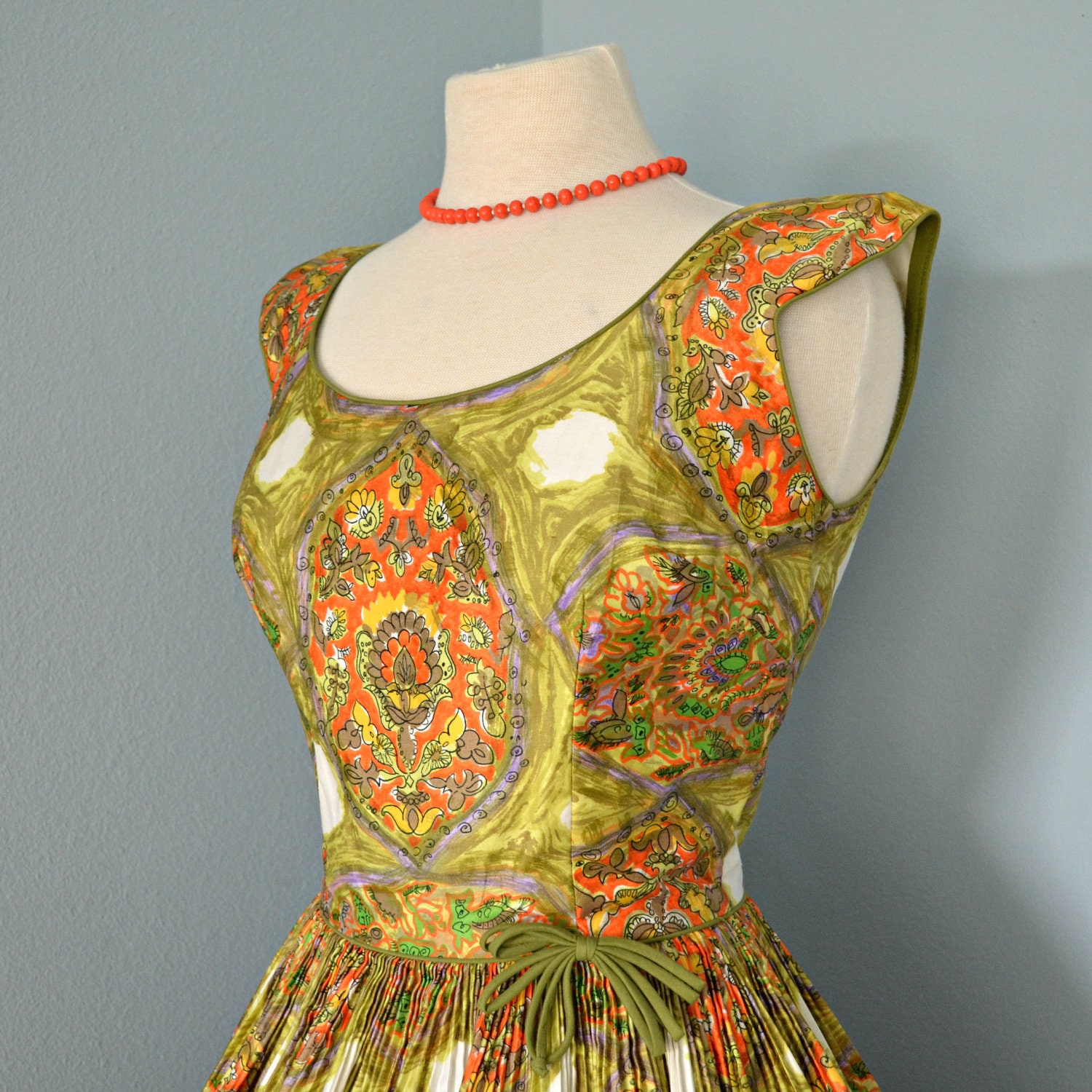 Vintage 1950's Sundress...Gorgeous Retro Print Polished Cotton Sundress