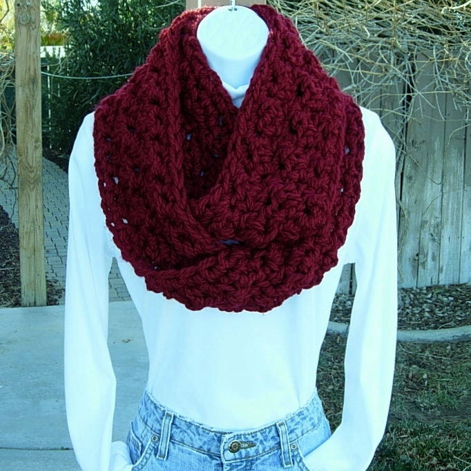 INFINITY LOOP SCARF..Dark Solid Red..Extra Thick..Super-Soft..Bulky..Warm Winter Eternity Circle Cowl, Neck Warmer..Ready to Ship in 3 Days