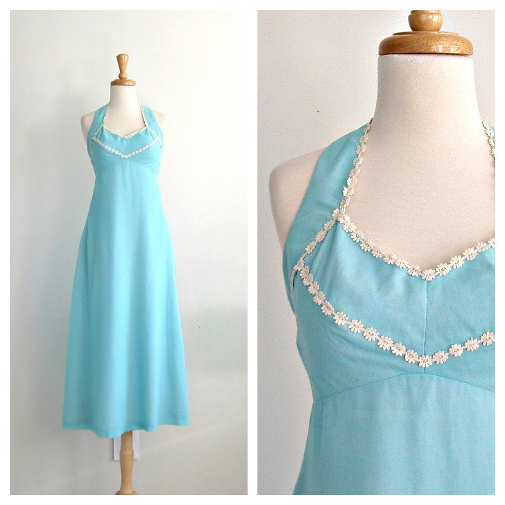 1970s Halter Dress / backless dress / blue maxi dress / garden party dress / wedding dress / prom dress / small