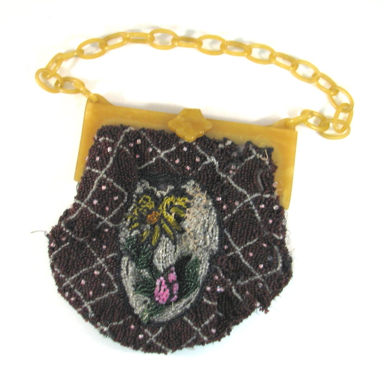 Vintage Beaded Bag with Celluloid Frame and Link Chain