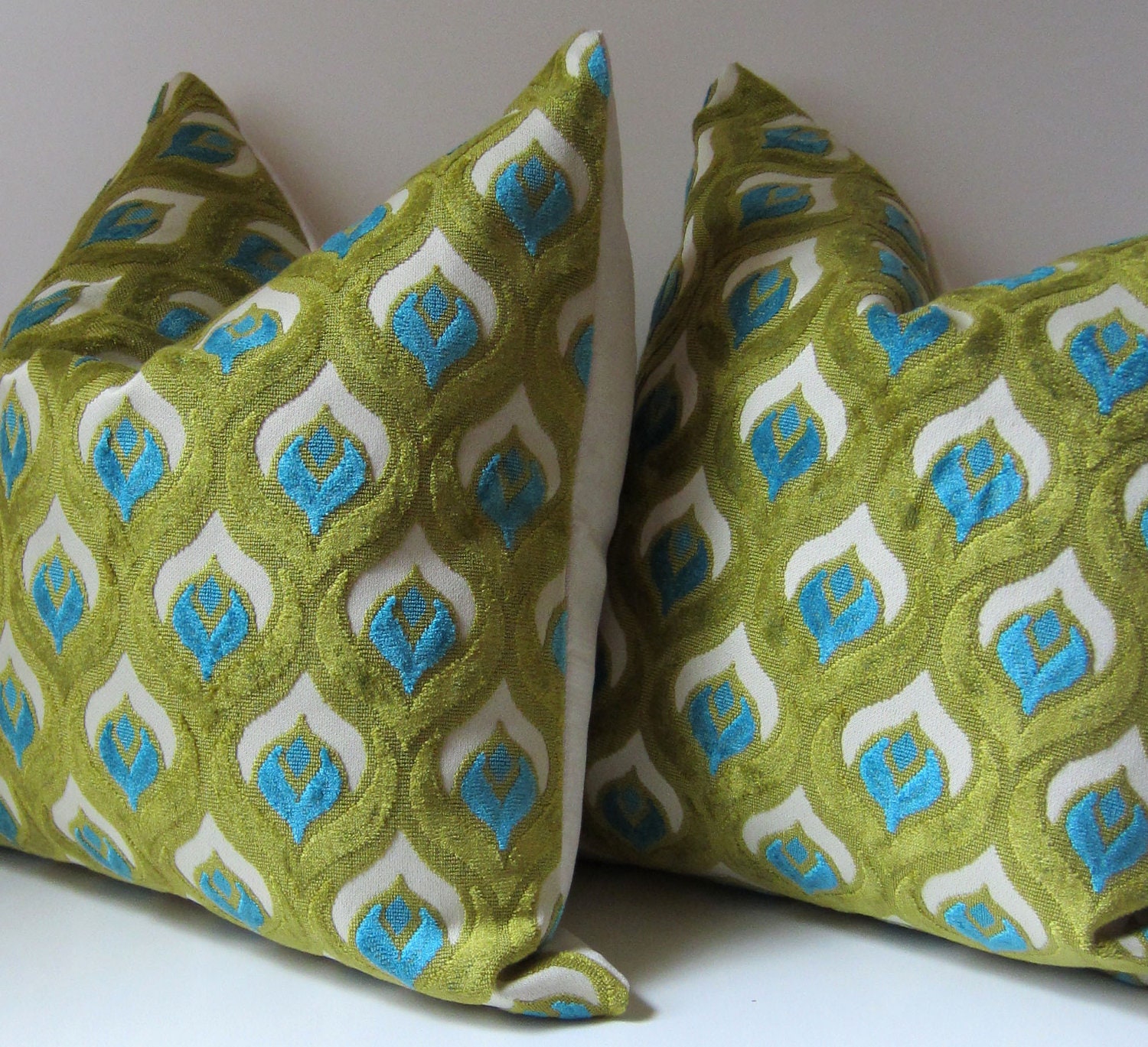 Set of Two - Peacock Cut Velvet - Decorative pillow cover  - 20 inch - Teal - Turquoise - Chartreuse - ready to ship