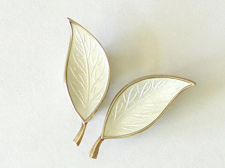 Denmark Enamel Earrings Clip White Leaf Vermeil on Sterling Mid Century
