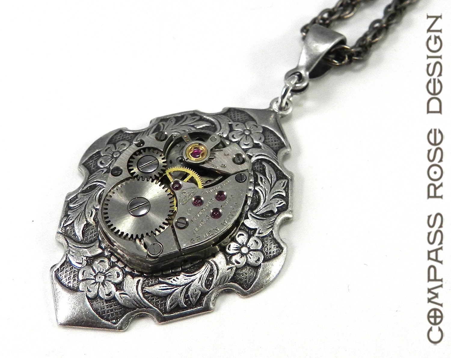 Steampunk Necklace Jewelry Petite Upcycled Antique 17 Jewel Gruen Watch Movement on Silver Victorian Revival Pendant