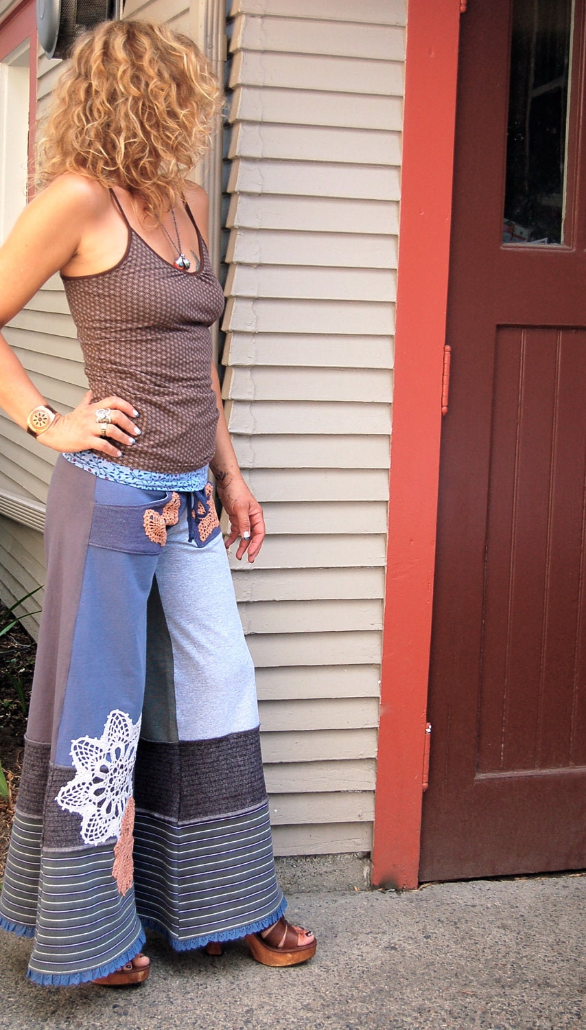 Eco Gaucho Pants, patchwork clothing, upcycled clothing, yoga ,boho,festival, wide leg, shabby chic, size M, by Zasra