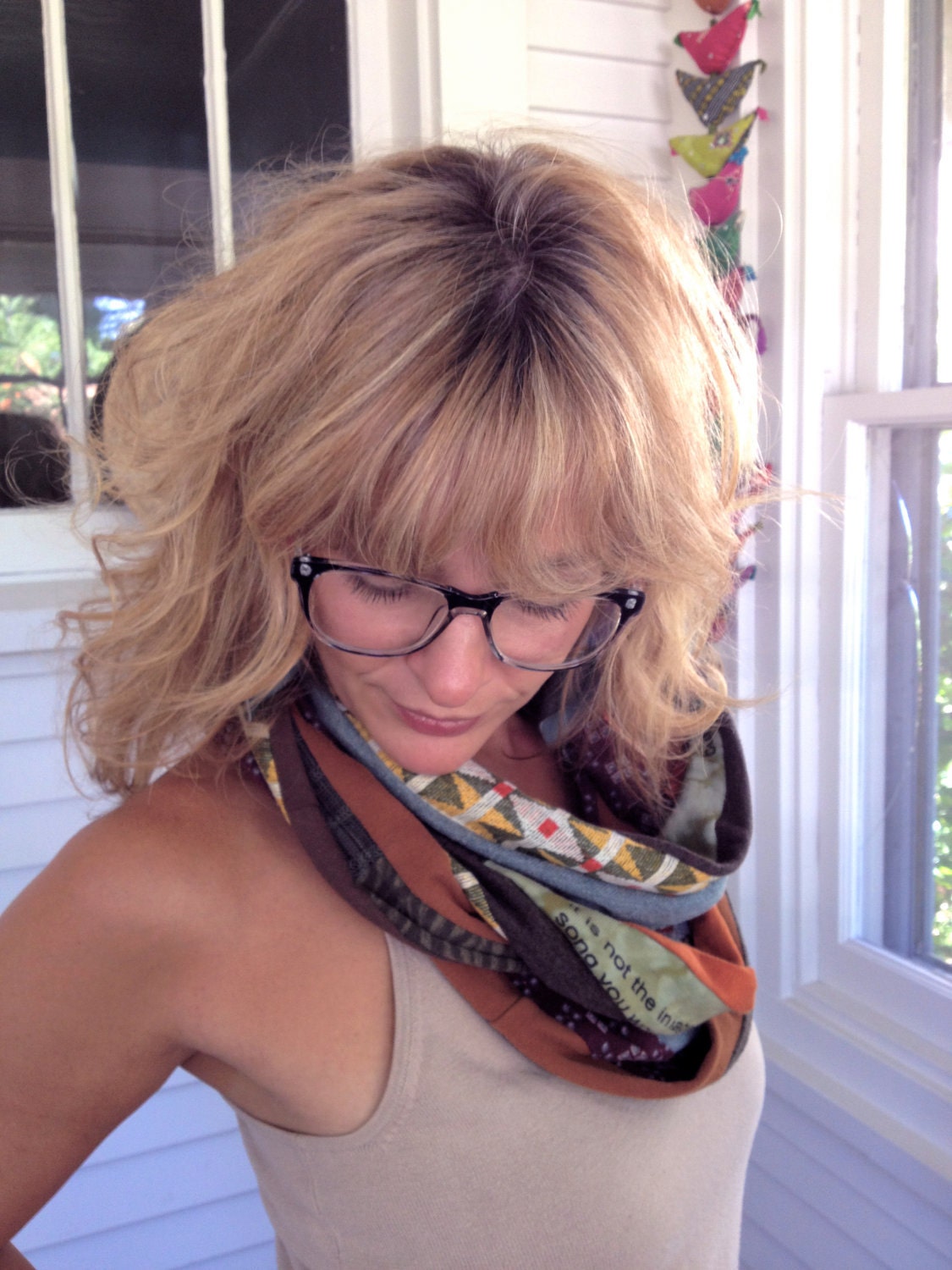 Jersey Infinity SCARF, Upcycled, patchwork, Eco friendly, folk-southwestern mix, warm colors, pop art face,chunky, extra long Zasra